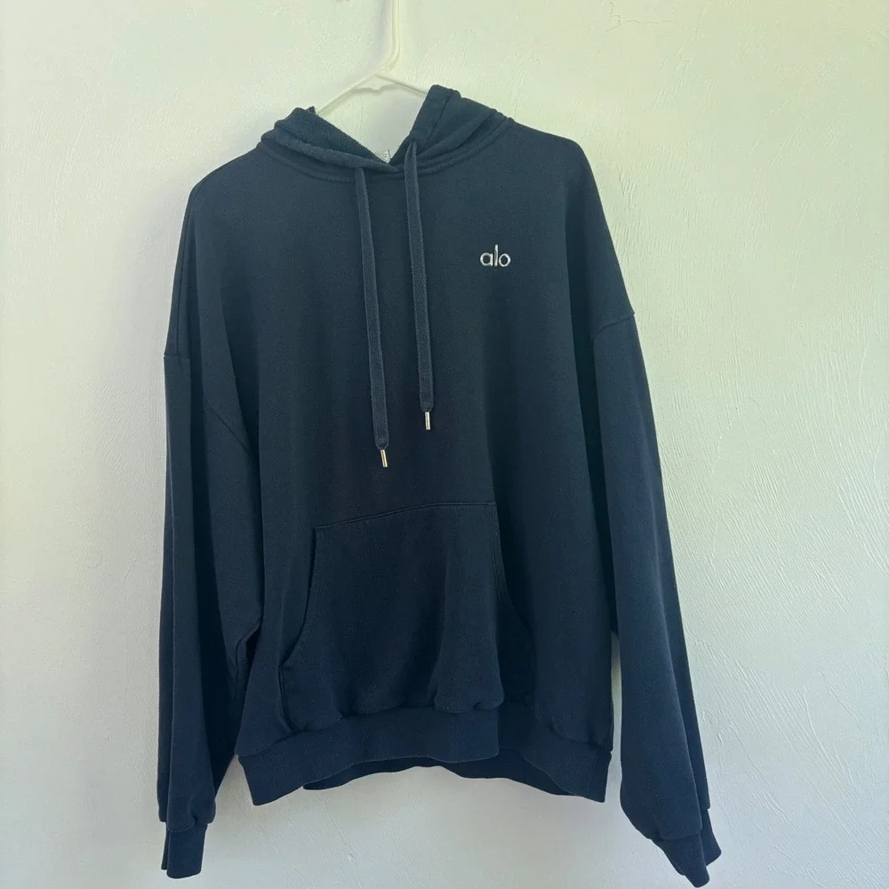 Alo Yoga Accolade Hoodie Size Large Navy Blue Heavyweight Pullover Sweatshirt